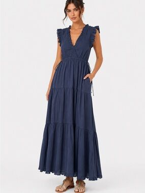 STARK X Navy Blue Cotton Ruffle Tiered Maxi Dress Boho Prairie Cottagecore L